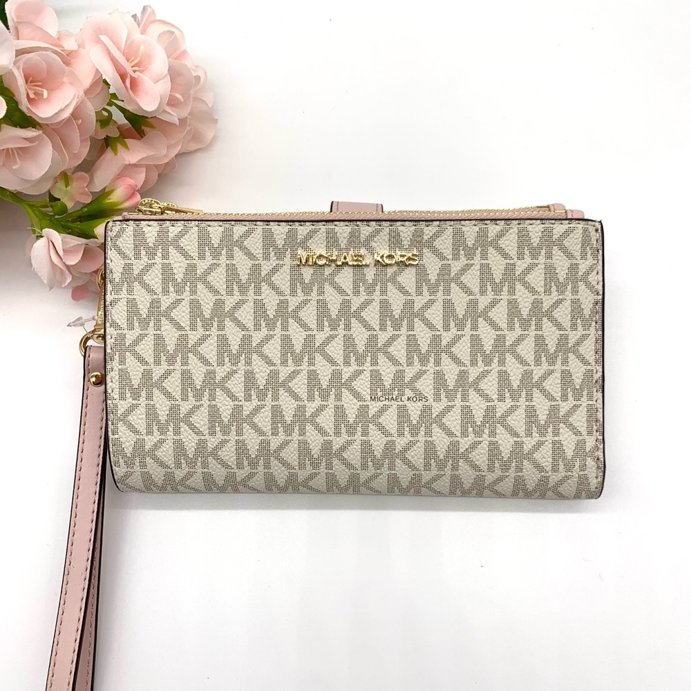 Michael Kors Jet Set Travel Double Zip Wristlet - Vanilla /Powder Blush Multi